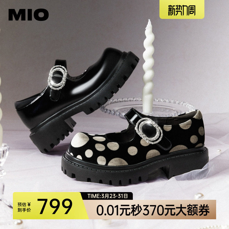 MIO米奥玛丽珍鞋春夏款时尚波点魔术贴厚底增高5cm扣饰单鞋女