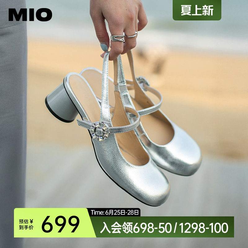 MIO米奥夏季款甜美凉鞋搭扣设计圆头半凉中跟百搭玛丽珍女鞋