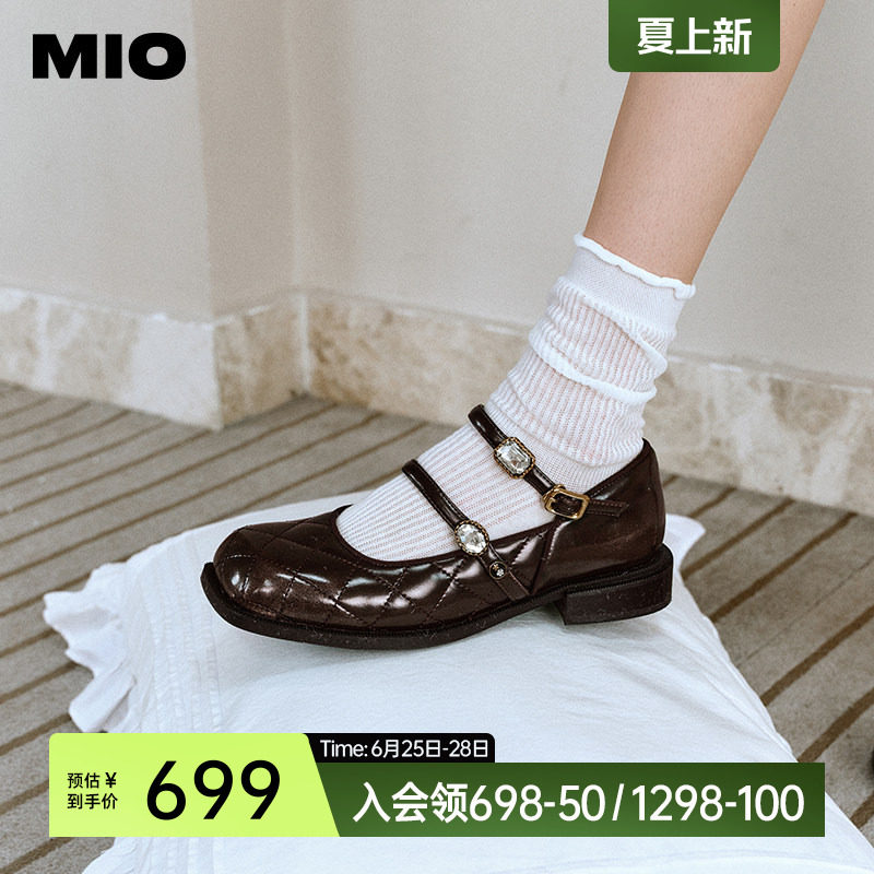 MIO米奥玛丽珍女鞋小香风菱格闪钻双条带方头低跟单鞋复古小皮鞋