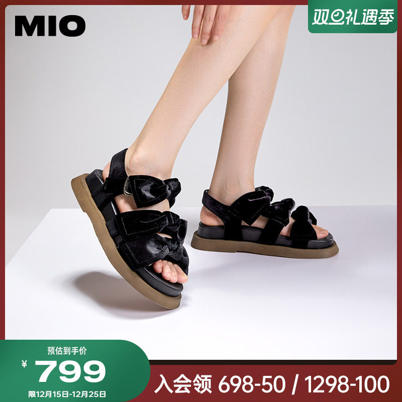 MIO米奥夏季纯色低跟厚底凉鞋复古丝绒蝴蝶结时尚休闲沙滩鞋女鞋