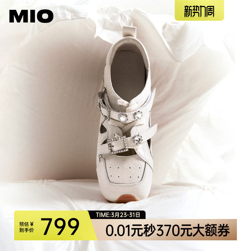 MIO米奥芭蕾运动玛丽珍2026春新款闪钻绑带女阿甘舞鞋裂纹皮单鞋