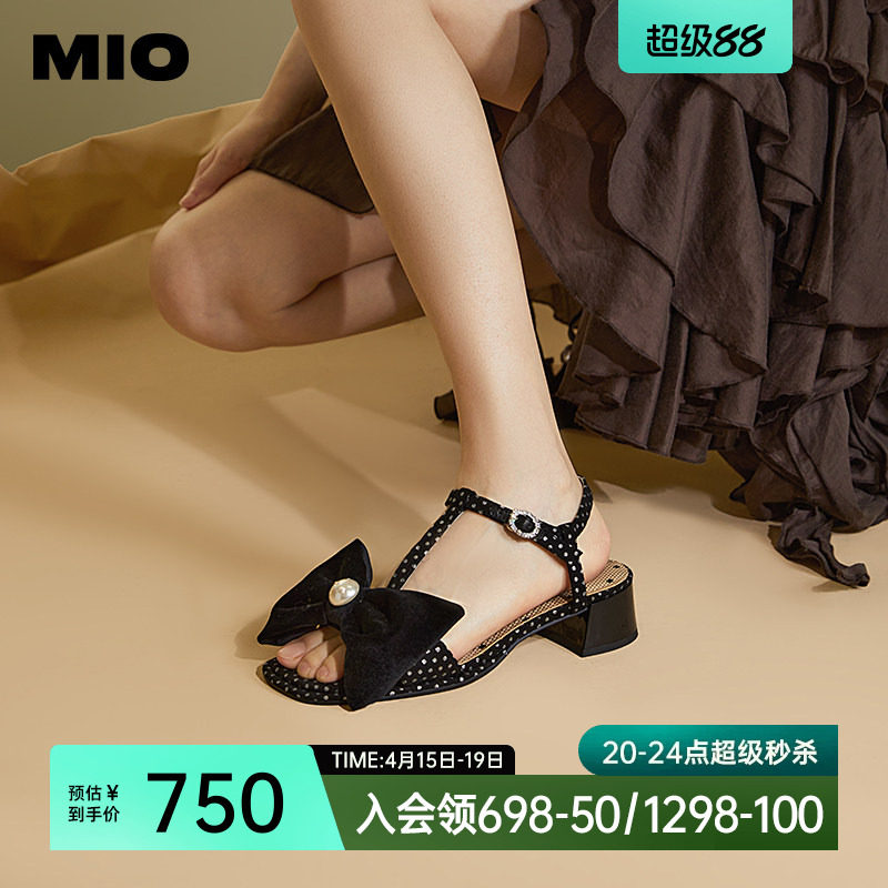 MIO米奥夏季拼色中跟凉鞋珍珠蝴蝶结俏皮通勤时装凉鞋女