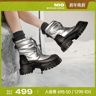 MIO米奥束带雪地靴冬季 女银色机车短靴 厚底高跟圆头休闲保暖时尚
