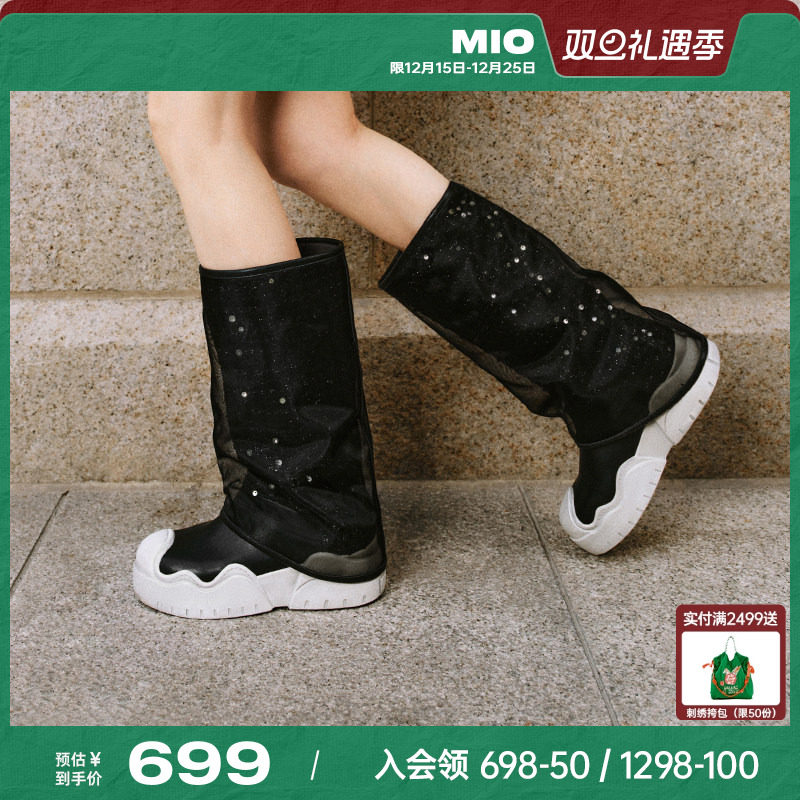 MIO米奥裤管靴冬季机车套筒靴撞色圆头网纱烟筒靴厚底显瘦中筒女
