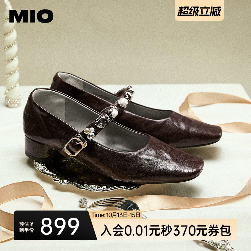MIO米奥玛丽珍鞋2026春季新款粗跟单鞋一字带金属扣闪钻饰扣女鞋