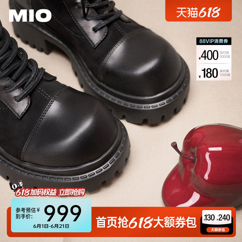 MIO米奥女靴微翘大头冬新款高跟复古皮靴厚底增高短筒系带马丁靴
