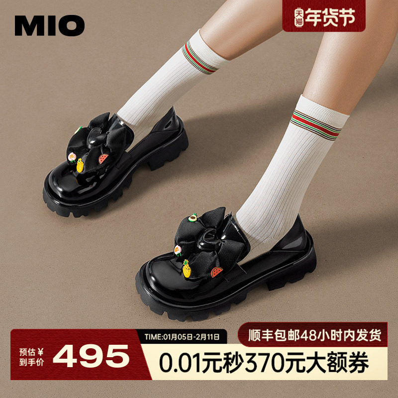 MIO米奥圆头小皮鞋大蝴蝶结女鞋漆面单鞋增高松糕底厚底乐福鞋