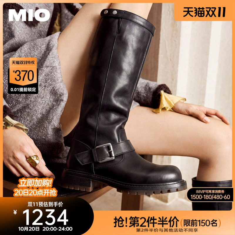 MIO米奥骑士靴2026冬季新款圆头厚底增高铆钉机车风皮带扣女长靴