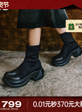 MIO米奥冬季高跟厚底弹力靴国风复古潮流运动靴增高中筒靴女