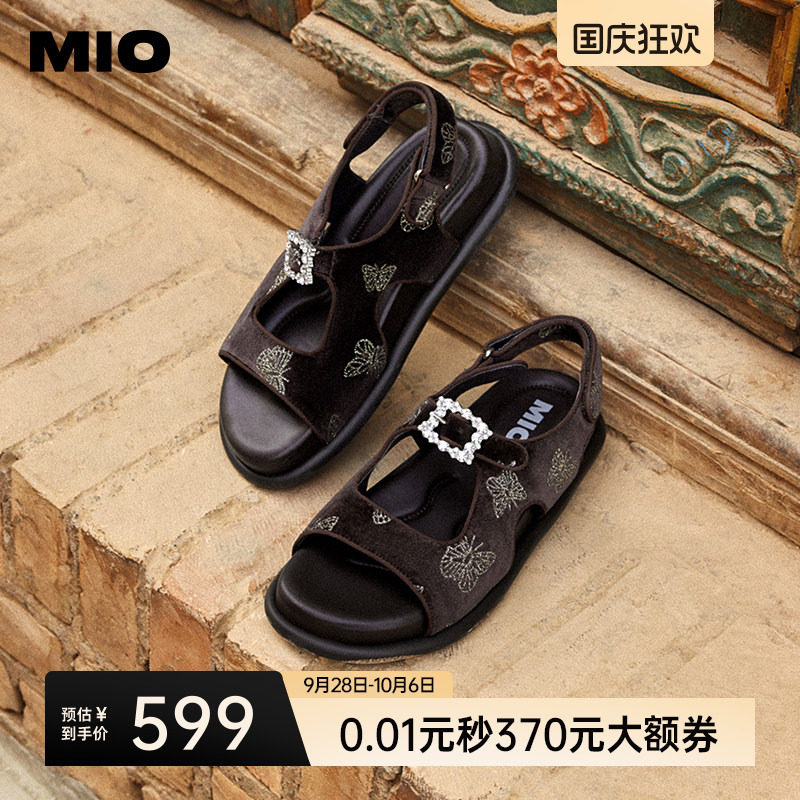 MIO米奥凉鞋女夏季复古丝绒休闲魔术贴时尚通勤国风拖鞋沙滩拖图片