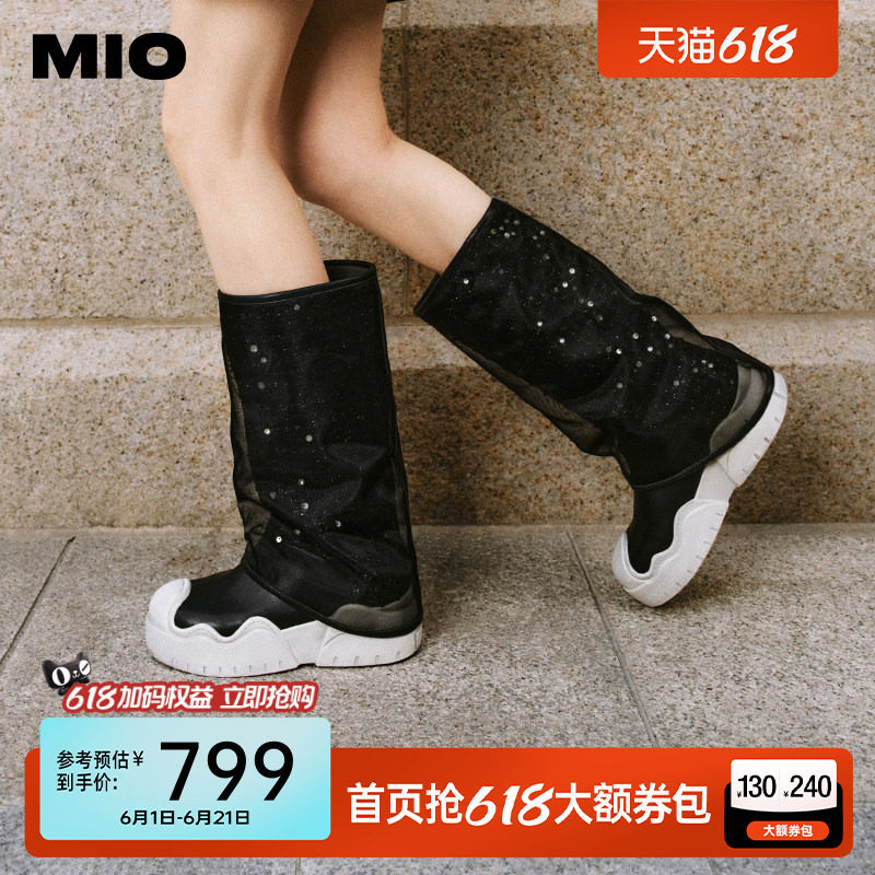 MIO米奥裤管靴冬季机车套筒靴撞色圆头网纱烟筒靴厚底显瘦中筒女