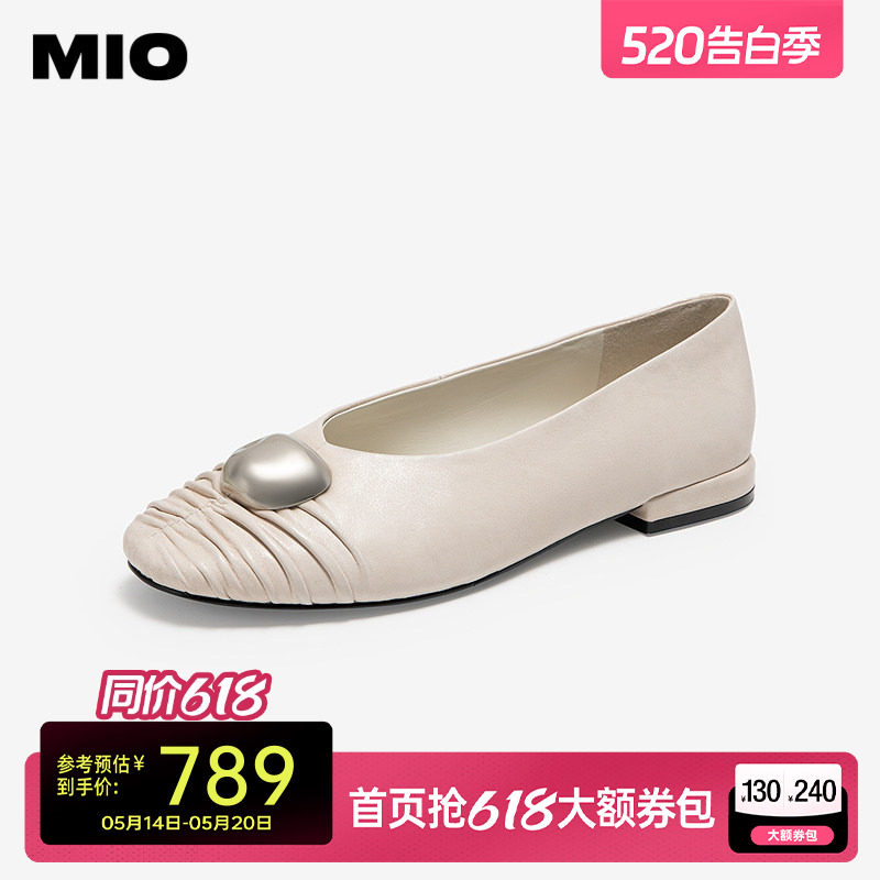 MIO米奥新中式单鞋春季轻便通勤船鞋低跟圆头捏褶平底浅口女鞋