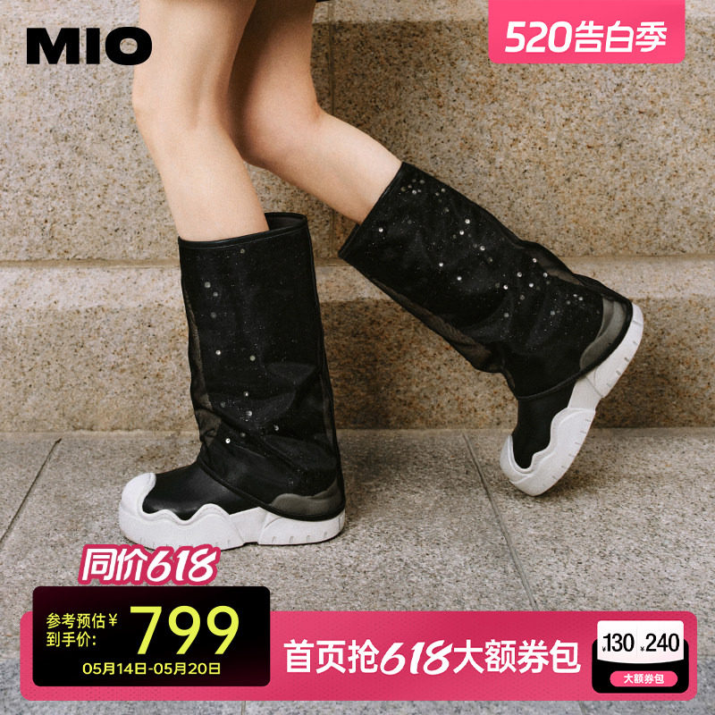 MIO米奥裤管靴冬季机车套筒靴撞色圆头网纱烟筒靴厚底显瘦中筒女