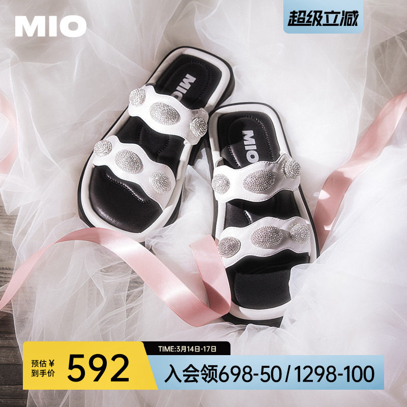 MIO米奥外穿拖鞋女夏季时尚一字拖复古水钻平跟度假凉鞋休闲凉鞋