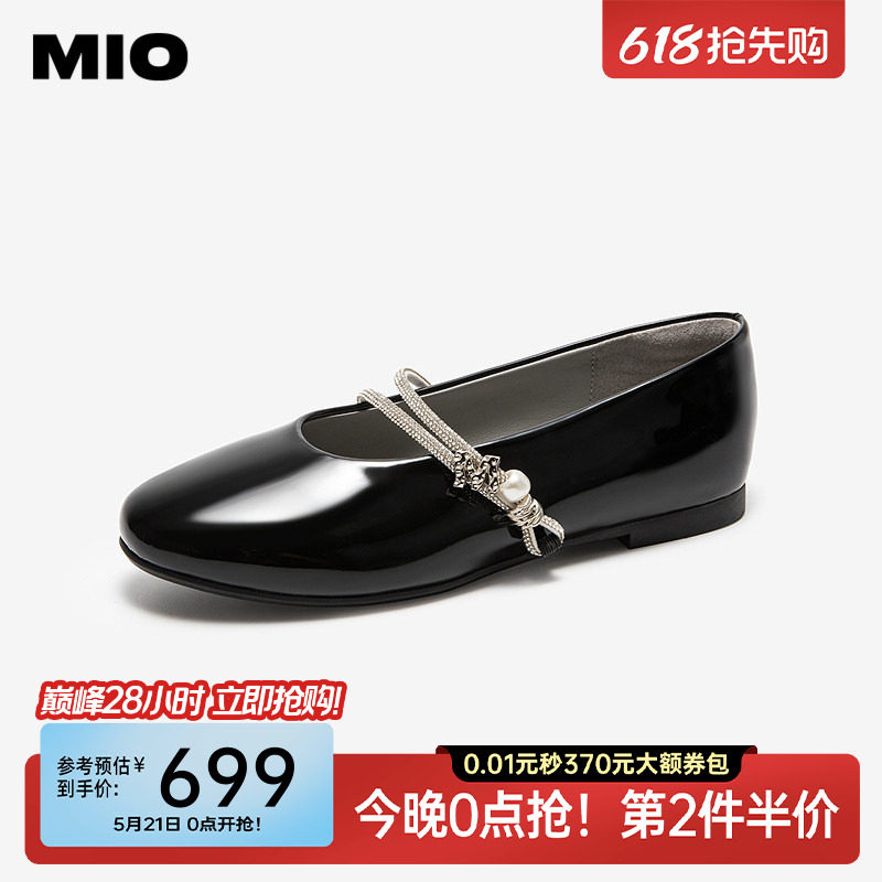MIO米奥单鞋女春季平底一脚蹬一字船鞋带复古圆头波点玛丽珍