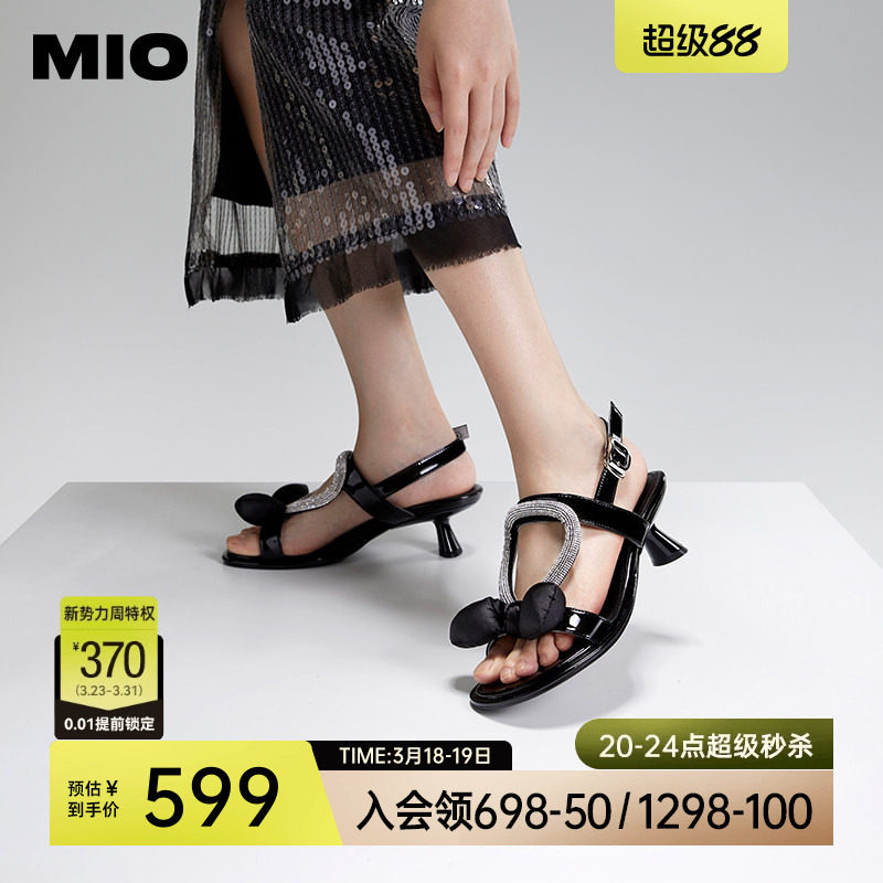 MIO米奥夏季异形跟时装凉鞋小闪钻泡泡蝴蝶结优雅气质高跟凉鞋女
