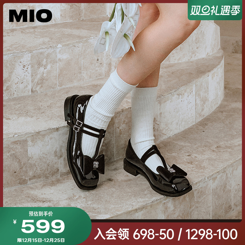 MIO米奥秋季方头厚底低跟单鞋蝴蝶结舒适通勤玛丽珍女鞋