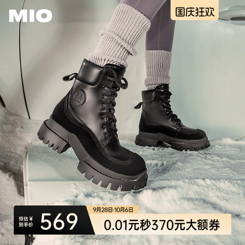MIO米奥冬季短靴圆头前系带高跟马丁靴酷飒厚底户外工装靴女靴