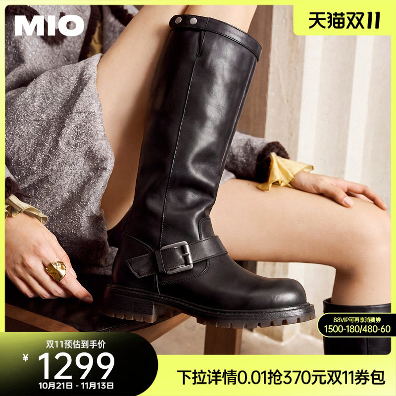 MIO米奥骑士靴2026冬季新款圆头厚底增高铆钉机车风皮带扣女长靴