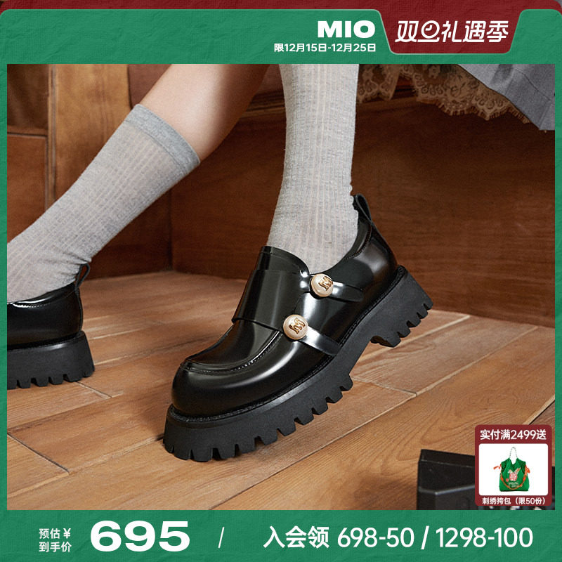 MIO米奥乐福鞋女2025秋英伦粗跟单鞋豆豆鞋厚底黑色双搭扣小皮