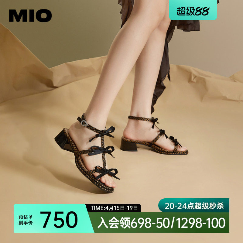 MIO米奥夏季拼色方头时装凉鞋蝴蝶结中跟时尚个性凉鞋女鞋