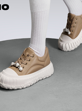 MIO米奥秋季圆头时尚休闲鞋柔软羊皮革珍珠厚底休闲板鞋女