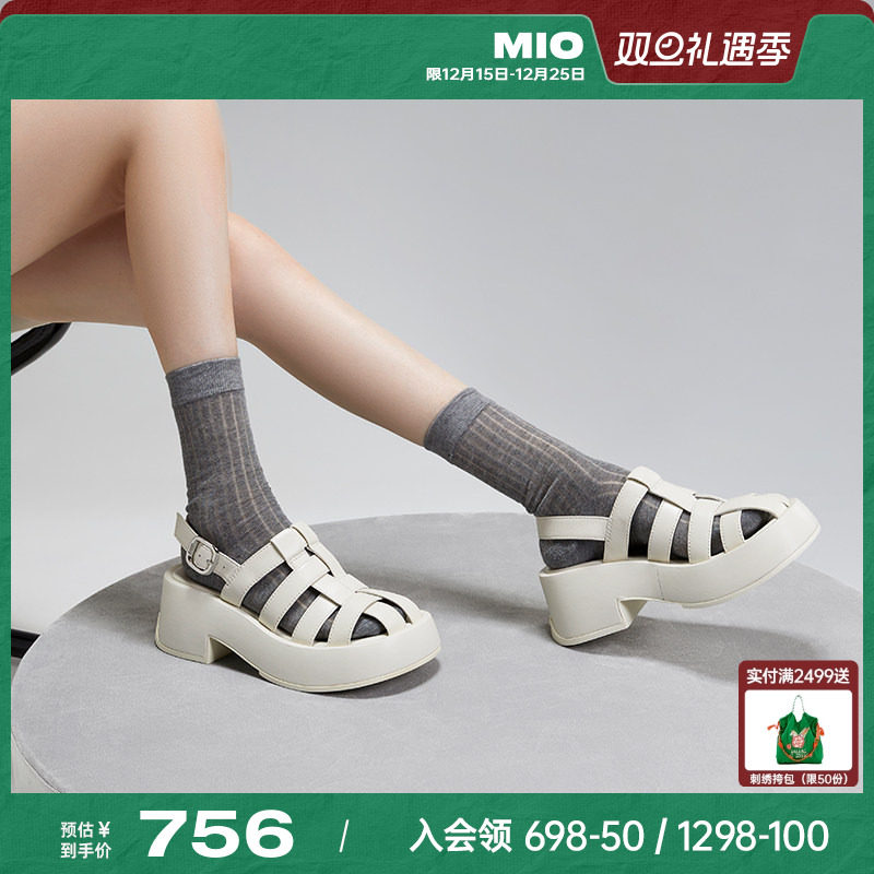 MIO米奥夏季沙滩鞋欧美风纯色高跟搭扣复古时髦通勤罗马凉鞋女鞋