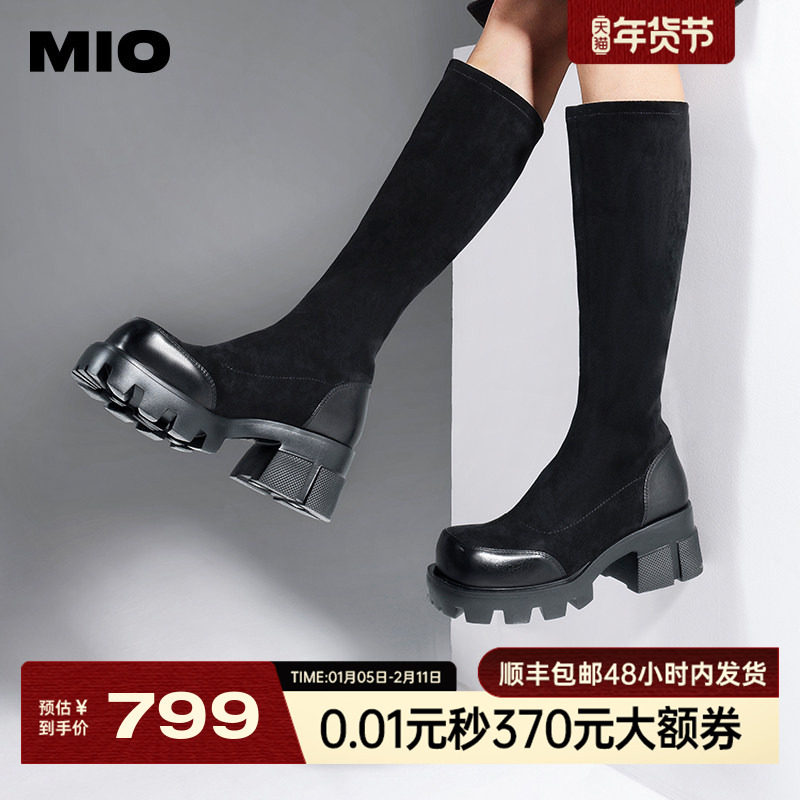 MIO米奥靴子冬季圆头套筒弹力长靴潮流个性显高厚底休闲袜靴女靴