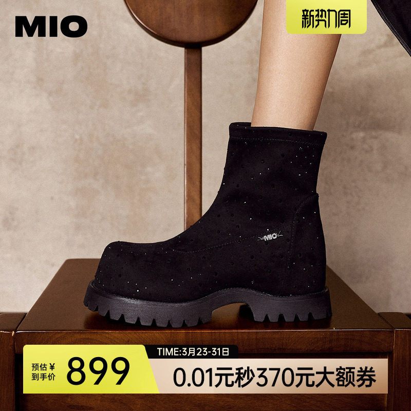 MIO米奥瘦瘦靴2025冬季新款大头微翘圆头中跟厚底增高百搭女靴