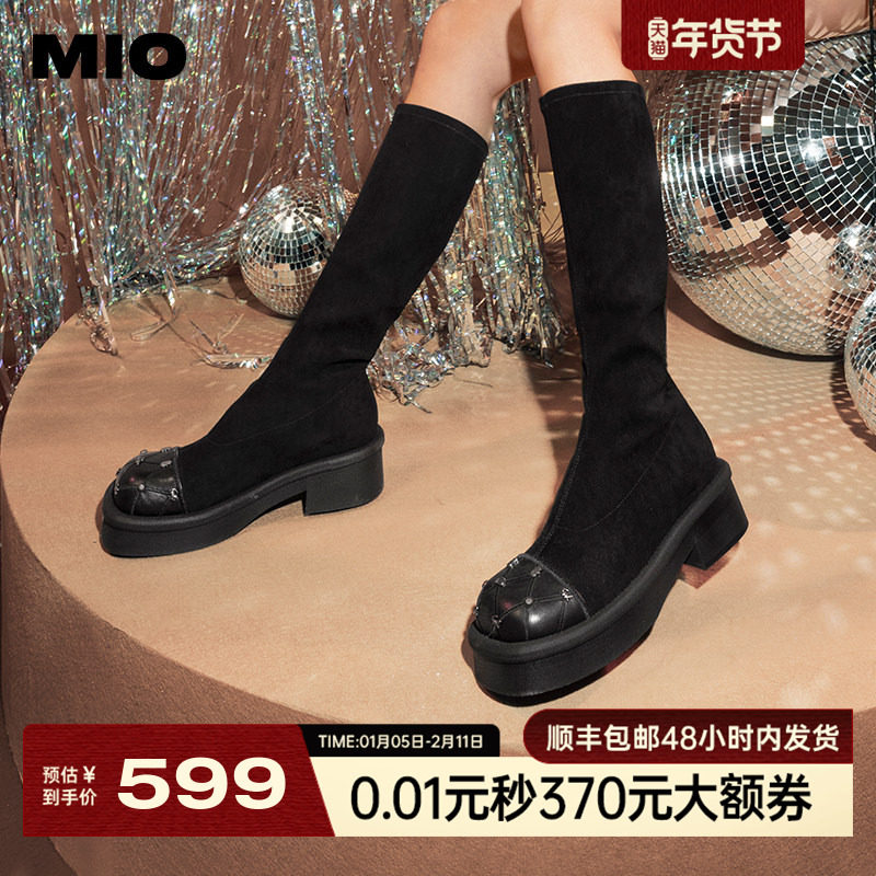 MIO米奥冬季靴子圆头中跟新款长筒靴酷飒显瘦舒适弹力靴袜靴女