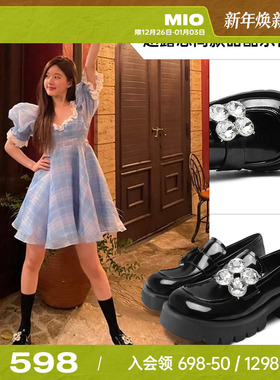 赵露思许我耀眼同款mio米奥圆头皮鞋女鞋水钻乐福鞋厚底增高单鞋