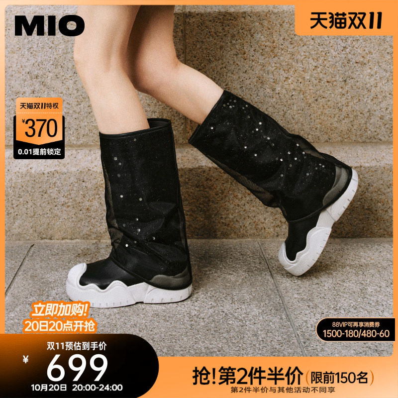 MIO米奥裤管靴冬季机车套筒靴撞色圆头网纱烟筒靴厚底显瘦中筒女