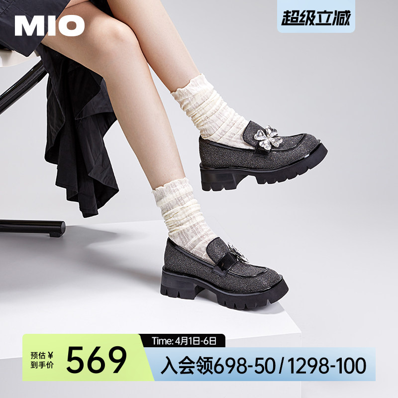 MIO米奥乐福鞋四叶草水钻饰甜酷女鞋圆头粗跟厚底学院风大头单鞋