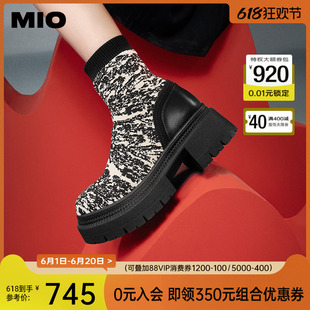 弹力瘦瘦靴酷飒时髦袜靴女 MIO米奥2023冬季 圆头高跟中筒靴新中式