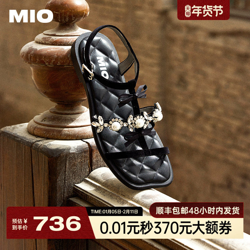 MIO米奥女鞋法式蝴蝶结2025夏季新款T字带罗马鞋珍珠平底方头