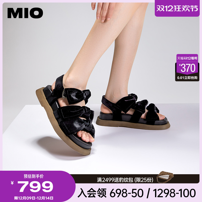 MIO米奥夏季纯色低跟厚底凉鞋复古丝绒蝴蝶结时尚休闲沙滩鞋女鞋