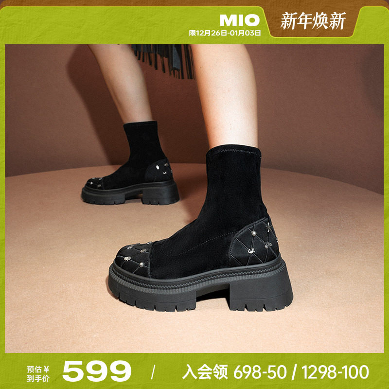 MIO米奥冬季弹力靴圆头高跟个性钉饰显高短靴厚底时尚袜靴女靴