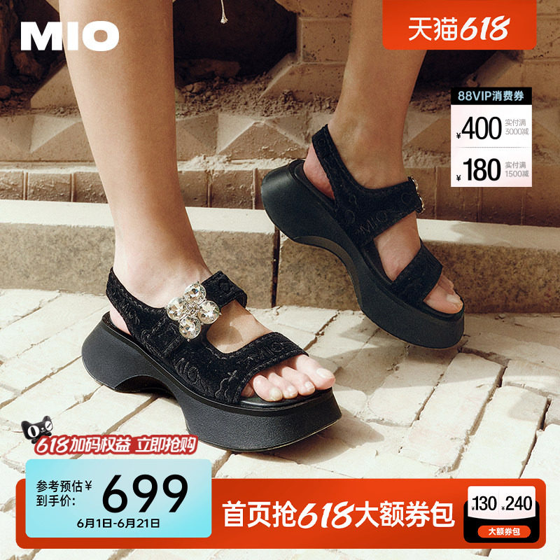 MIO米奥厚底黑色凉鞋女夏款水钻休闲魔术贴增高时尚沙发凉拖