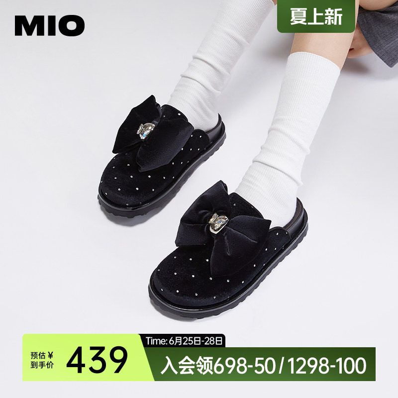 MIO米奥秋冬丝绒低跟拖鞋蝴蝶结个性通勤厚底包头拖女勃肯鞋