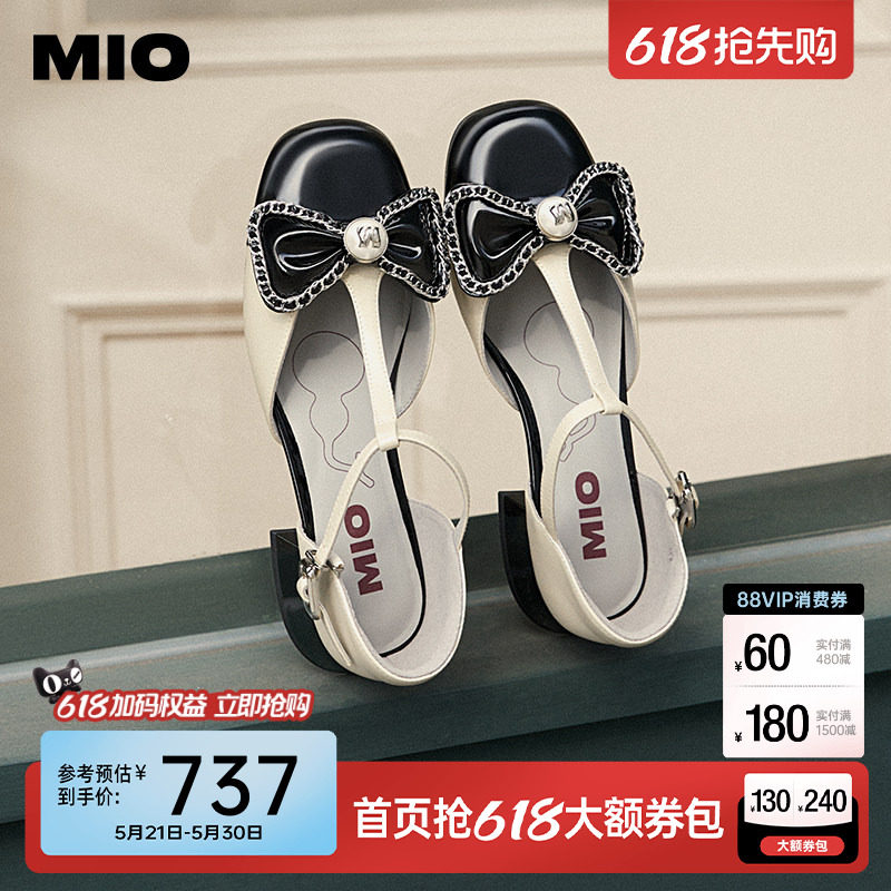 MIO米奥女鞋小香风凉鞋春夏新款甜美链条蝴蝶结法式浅口单鞋皮鞋