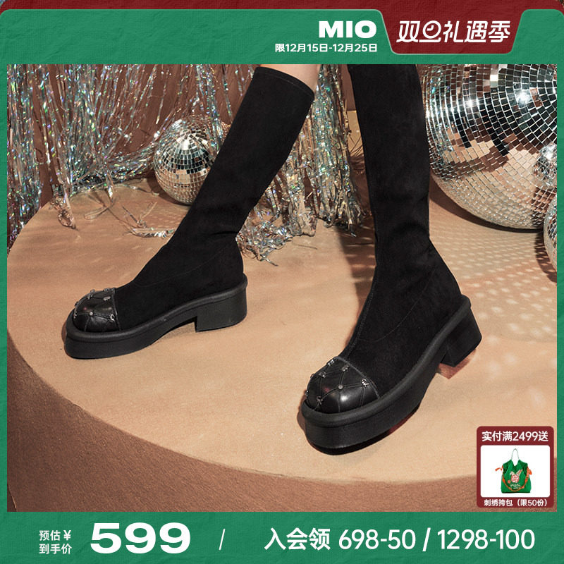 MIO米奥冬季靴子圆头中跟新款长筒靴酷飒显瘦舒适弹力靴袜靴女
