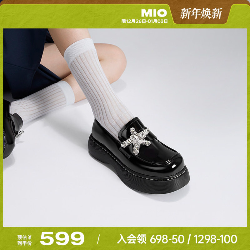 MIO米奥秋季圆头学院厚底乐福鞋复古钻饰元素显高舒适女鞋