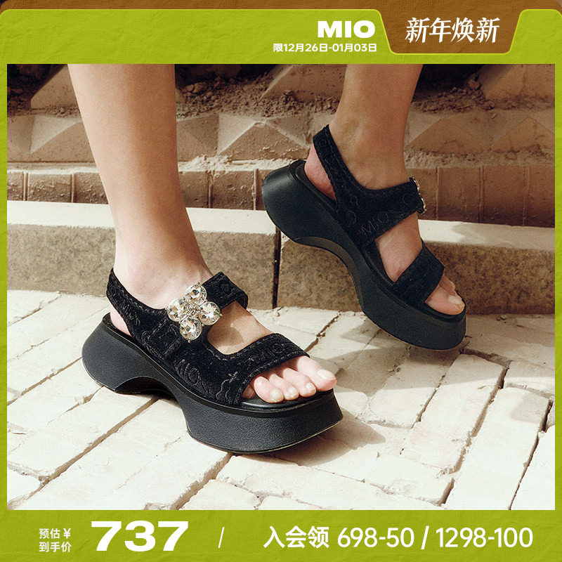 MIO米奥厚底凉鞋女2025夏季新款水钻休闲魔术贴增高时尚沙发凉