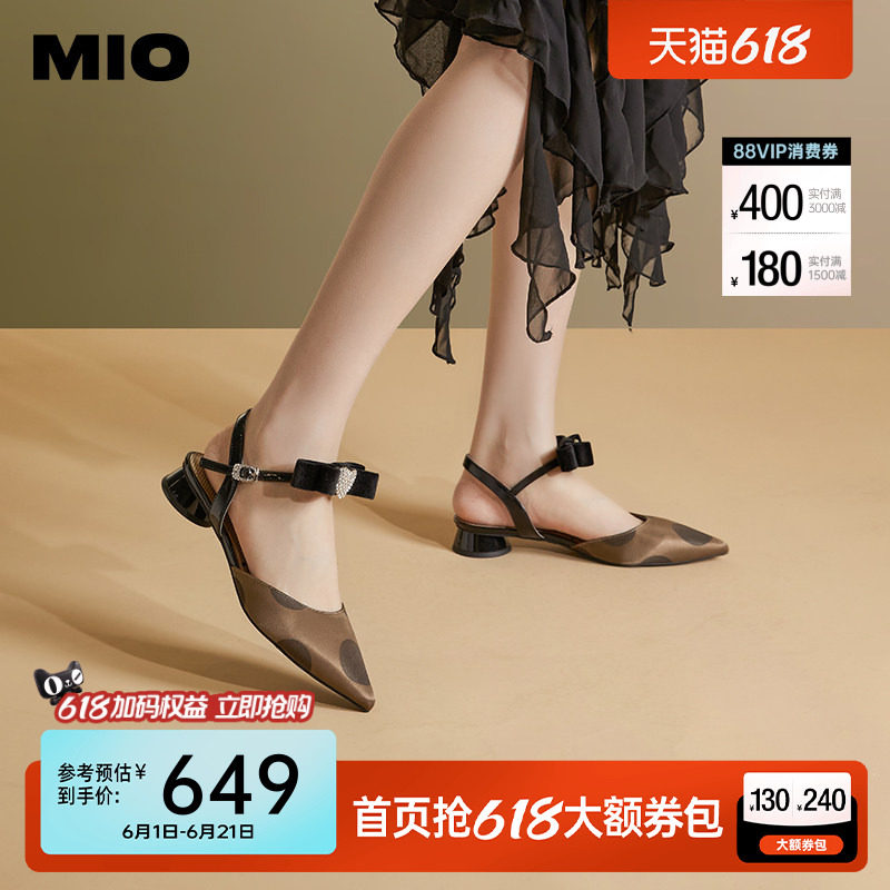 MIO米奥夏季尖头低圆跟凉鞋闪钻爱心蝴蝶结通勤时装凉鞋女