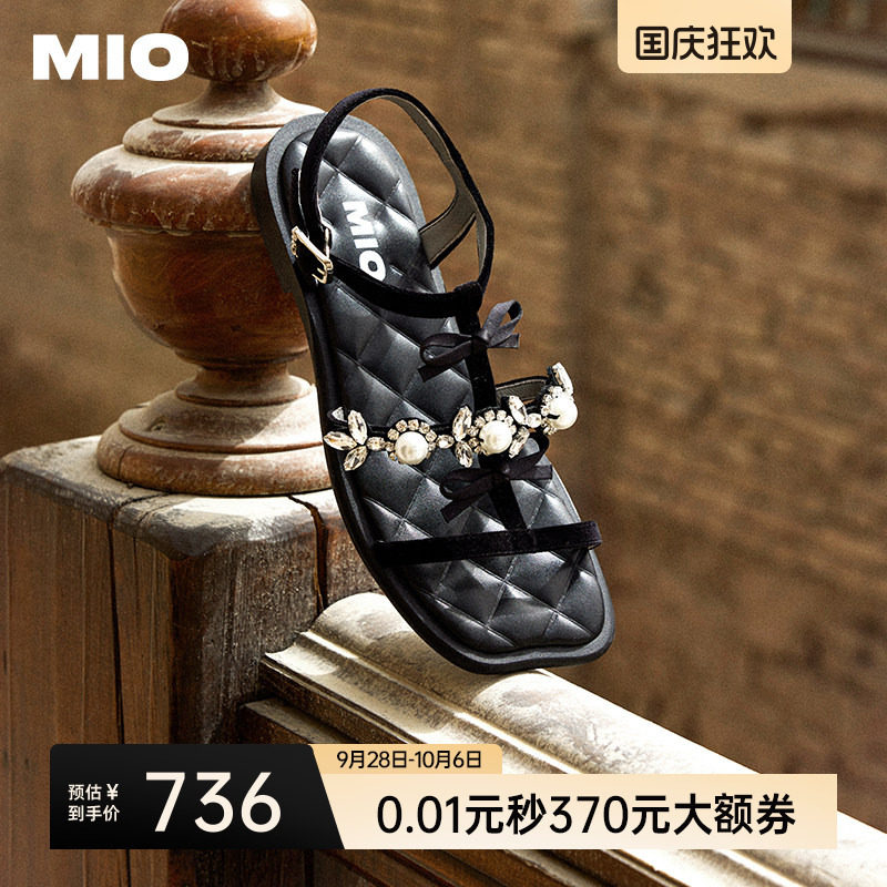 MIO米奥女鞋法式蝴蝶结夏季T字带罗马鞋珍珠平底方头时尚凉鞋图片