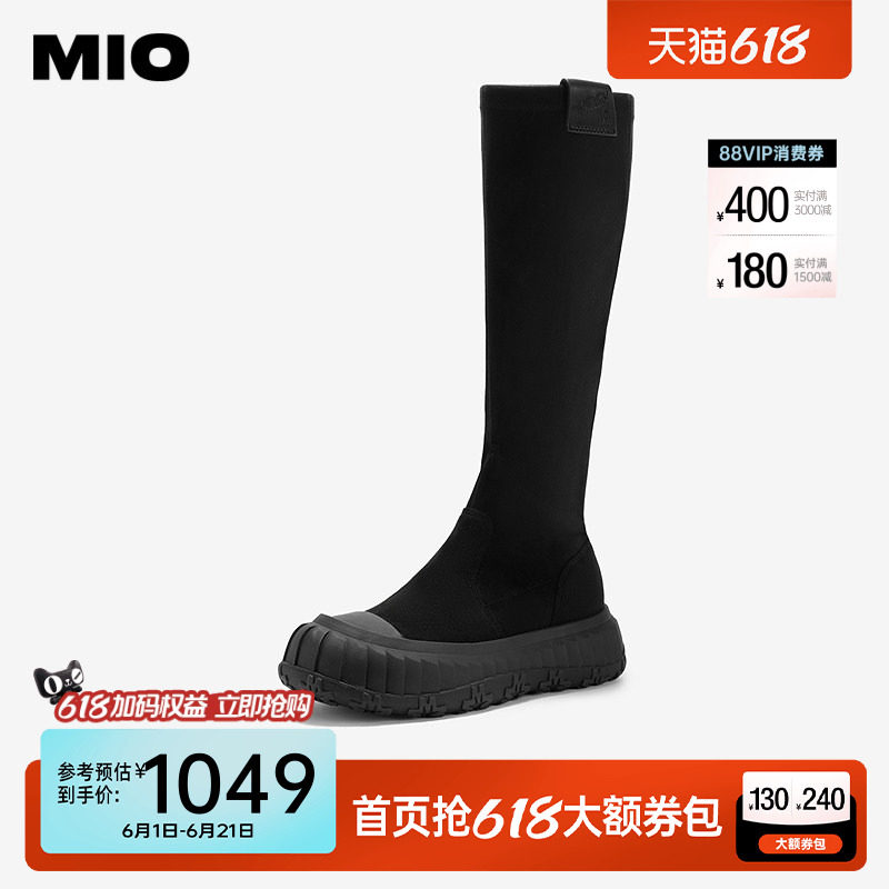 MIO米奥冬季长靴厚底弹力靴袜靴百搭增高简约黑色瘦瘦靴长筒靴女