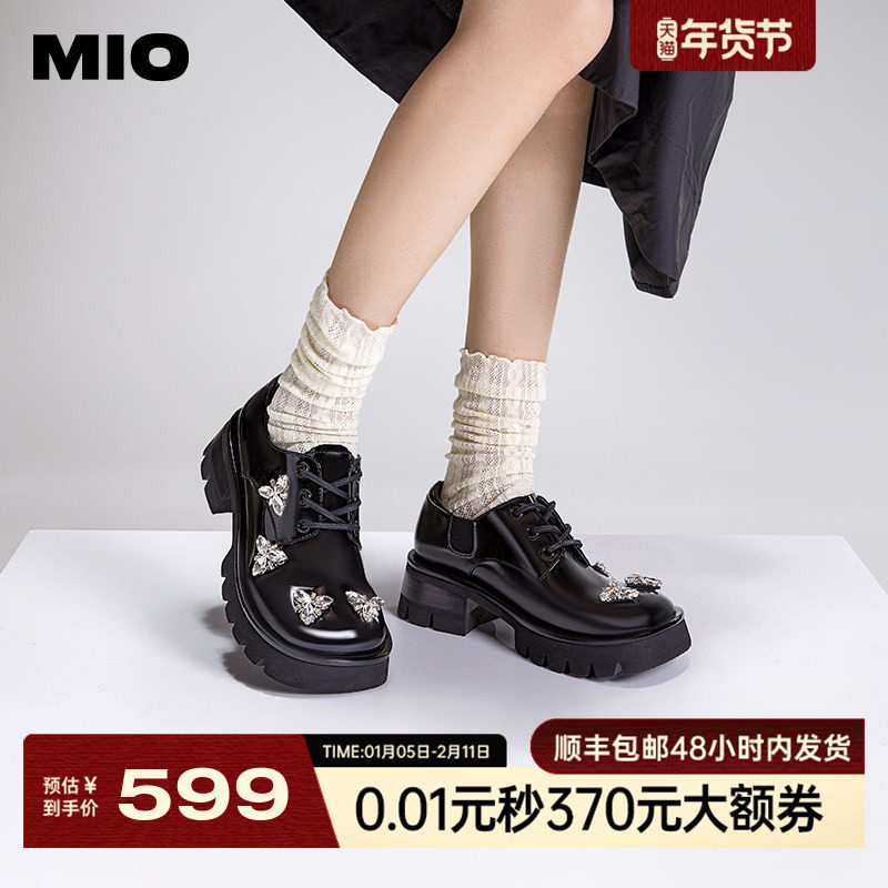 MIO米奥秋季圆头中跟时尚牛津鞋梦幻钻饰显高厚底松糕鞋女