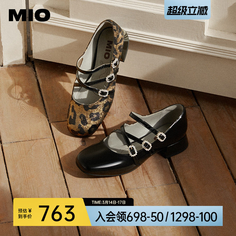 MIO米奥春款甜美复古双带玛丽珍鞋闪钻粗跟鞋交叉扣带女单鞋