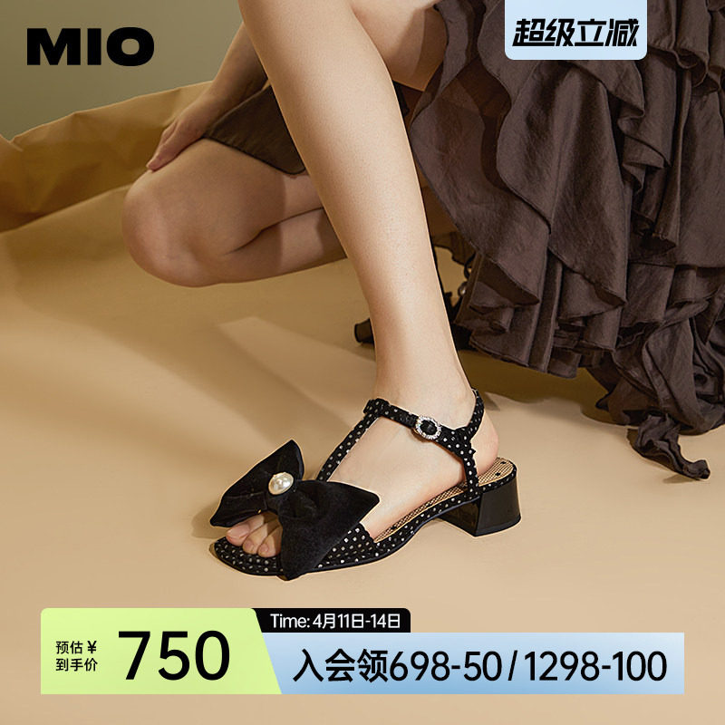 MIO米奥夏季拼色中跟凉鞋珍珠蝴蝶结俏皮通勤时装凉鞋女