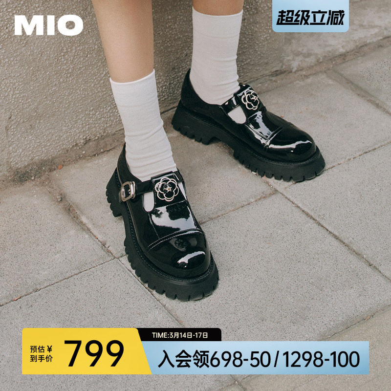 MIO米奥春季中跟单鞋复古山茶花显高厚底时髦玛丽珍鞋亮面女鞋